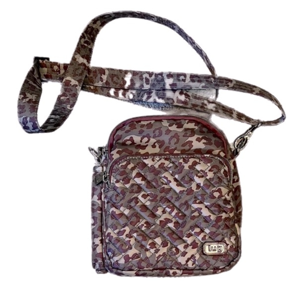 LUG Can Can Crossbody Bag in Leopard Berry Print 7 X 8 X 3”